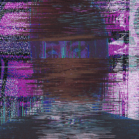 A looping glitch animation — a figure at a desk torn apart into magenta and cyan scanlines.